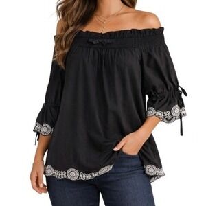 Gracia Blouse Black Floral Eyelet Off Shoulder Romantic Goth Boho Festival Sz M
